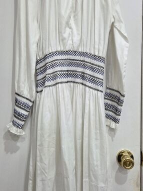 Acler White Midi Dress with Navy Smocked Detail